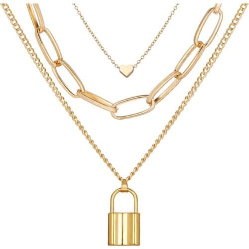 3 Layered Chain necklaces Punk Metal Padlock Pendant Necklace for Women hip hop Gold Neck Chains Jewelry Vintage Accessories