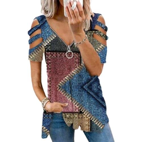 Summer Women T-shirt Casual Plus size V Neck Print Short Sleeve T-Shirts Hollow Zipper Loose Top T-shirt футболка оверсайз 2021