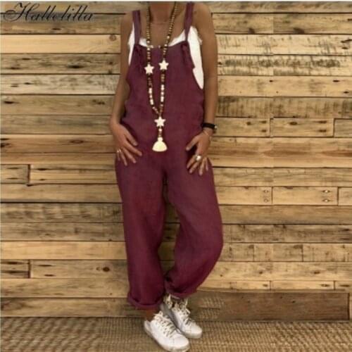 Woman Jumpsuits Casual Solid Vintage Rompers Womens Jumpsuit Loose Romper One Piece Sleeveless Pockets Jump Suit Ladies Overalls