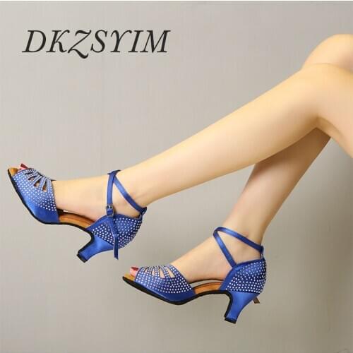 DKZSYIM Blue Latin Dance Shoes Women Rhinestone Ballroom Professional Dance Sandals High Heels Wedding Dance Shoes Wholesale