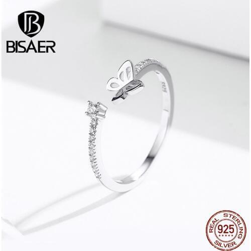 BISAER Butterfly Rings 925 Sterling Silver Dancing Butterfly Adjustable Open Size Finger Rings for Women Silver Jewelry ECR550