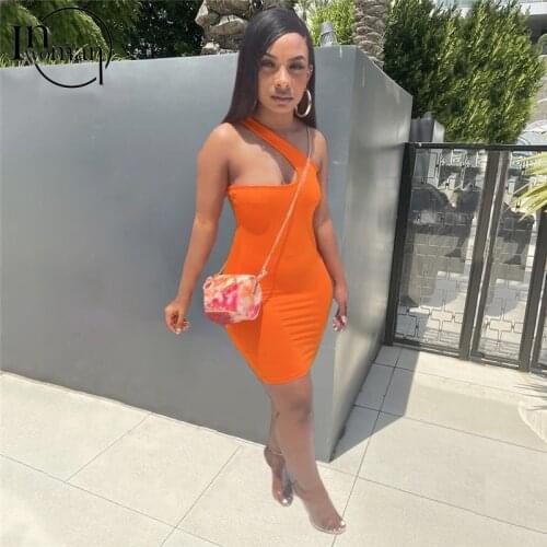 Inwoman Sexy Summer Backless Orange Dress Women Bodycon One Shoulder Mini Dress Club Sheath Party Ladies Dress Pencil Dress 2021