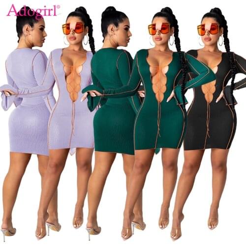 Adogirl Women Solid Lace Up Hollow Out Ribbed Dress Sexy Deep V Neck Long Flare Sleeve Bodycon Mini Dresses Night Club Outfits