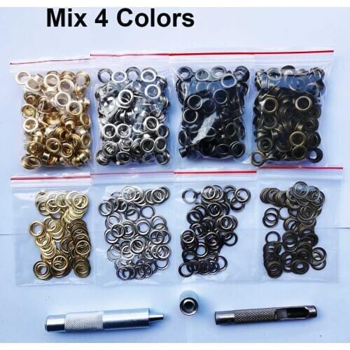 100Set 6MM Eyelets 4Colors Available Golden Silver Black Nickel Bronze and Eyelet Punch Die Tool Set Metal Button for Leather