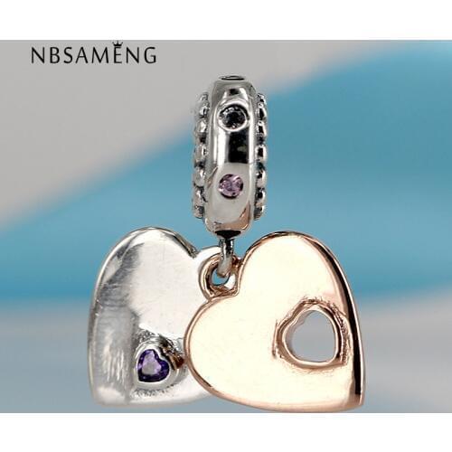 2018 New 925 Sterling Silver Bead Charm Golden CZ Cystal Heart Dangle Charm Fits Original Bracelet DIY Authentic Jewelry