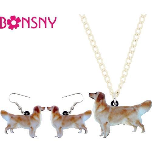 Bonsny Acrylic Jewelry Set Golden Retriever Dog Necklace Earrings Collar Fashion Cute Pendant For Women Girls Accessories NE+EA