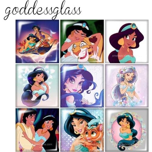 Disney Princess jasmine Square 10pcs 12mm/20mm/25mm photo glass cabochon demo flat back bracelet Jewelry Making findings