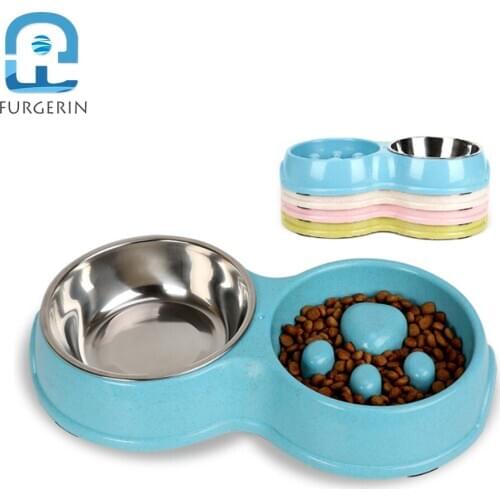 FURGERIN Wheat Stalk Slow Dog Bowl Double Bowls pet products for dog food Cat Water Pet Slow Feeder steel cat bowl