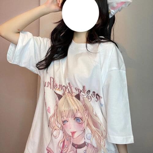 Japanese Cartoon Cute Print Short-sleeved T-shirt Soft Sister Summer Student Loose Top Harajuku Gothic Women Shirts