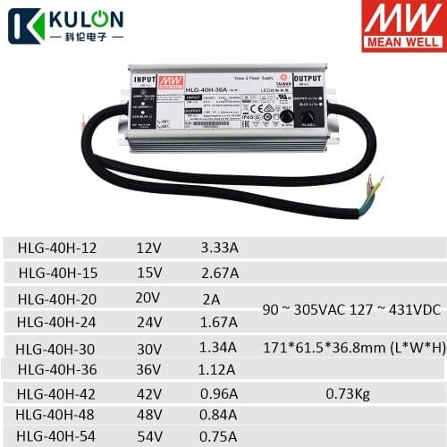 Meanwell Single output Switching Power Supply Hlg-40h 90-305VAC To DC 12 15 20 24 30 36 42 48 54V Metal LED Driver 3 IN 1Dimming