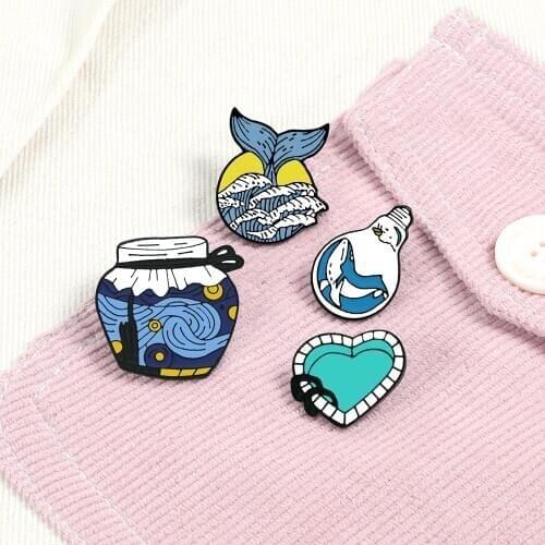 Cartoon Wave Bulb Enamel Pins Ocean Dolphin Blue Bottle Heart Brooch for Women Shirts Lapel Pin Bag Badges Custom Jewelry Gifts