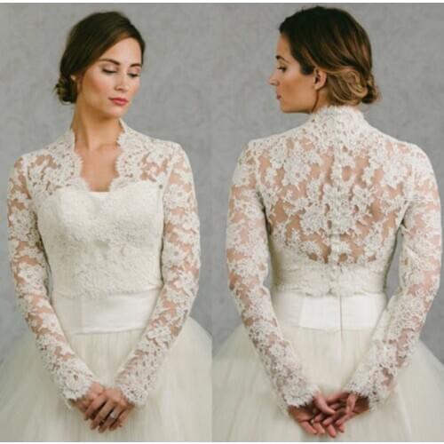 2019 New High V Neck Wedding Lace Appliques White Ivory Jackets Long Sleeve Bridal Wraps Shawl Shrug Custom Made Jacket