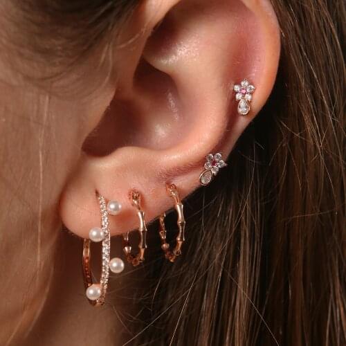 Wholesale drop shipping fashion girl women jewelry 2021 new rose gold color cz pearl huggie hoop earring