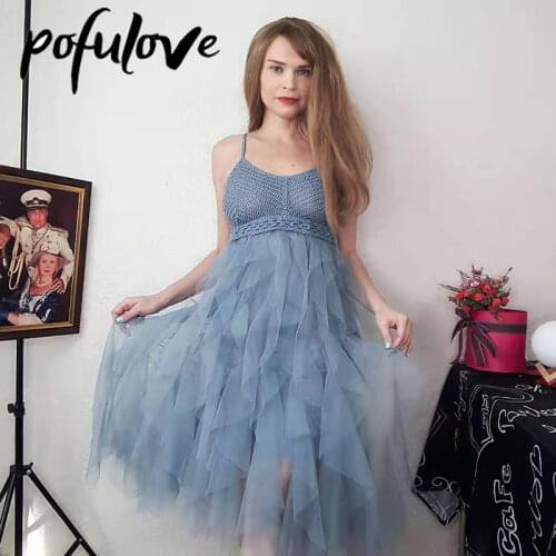 Tulle Dress Summer Sleeveless Lace Gauze Dress for Women Birthday Party Mesh White Spaghetti Strap Dresses V Neck Sweet Girl