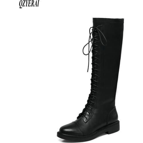 QZYERAI 2021 Winter New style Genuine leather Knee high boots Women boots Motorcycle boots Female boots warm Women shoes
