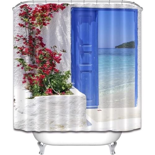 Seascape Shower Curtain Traditional Greek Door Ocean and Santorini Island Waterproof Anti-mold Polyester Fabric Bathroom Curtain