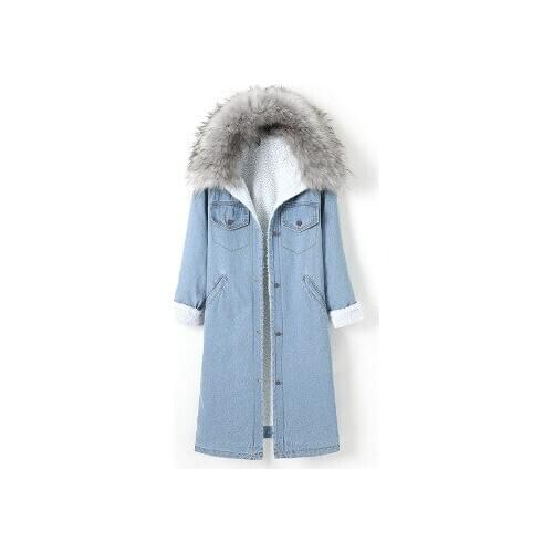 Simple design fur collar long denim Jacket women 2020 autumn winter hooded parka female streetwear denim coat