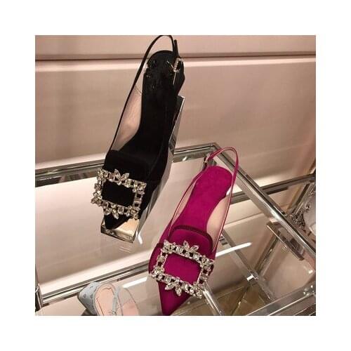 Zapatos Mujer 2021 New Style Empty Pointed Sandals Square Buckle Thick Heel Satin Covered Toe Sandals Low-heeled Female Shoes