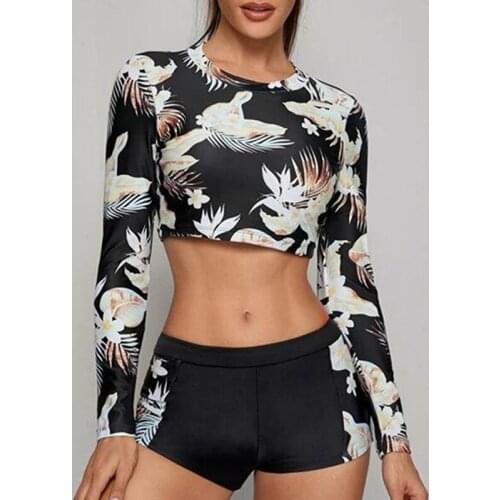 Womens Summer Printing Sunscreen Long-Sleeve Round Neck Shorts Two-Piece Casual Swimwear 2021 Beachwear Surf Bikini Lady Suit