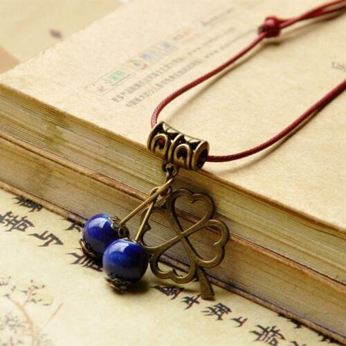 Women Clover Necklaces Ceramic Beads Pendants Sweater Chain Adjustable Weave Rope Bohemian Statement Charm Jewelry