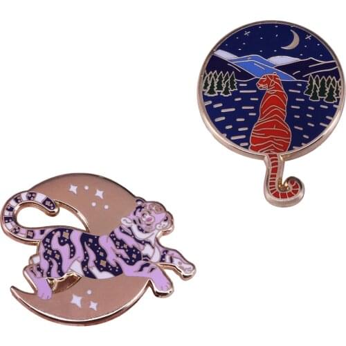 Starry night tiger moon enamel pin Cute Animal Badge adventure explore jewelry nature lovers gift