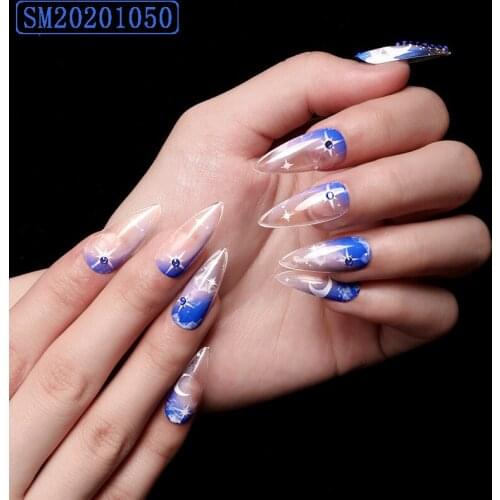 24pcs Star Moon Print Fake Nail Patch Blue Rhinestones Inlaid Glue Type Removable Long Paragraph False Nail Patch TN