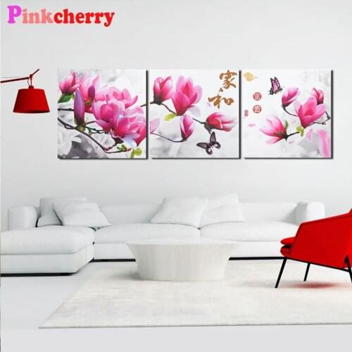 3pcs diamond painting pink Magnolia flowers,full square round diamond embroidery full display mosaic cross stitch set