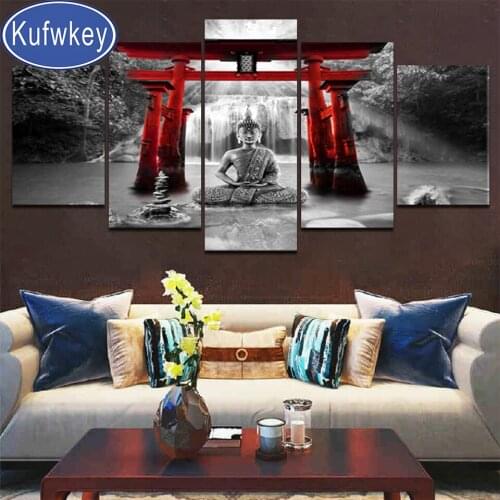 5d diy diamond painting"Buddha Statue Red Door"mosaic cross stitch 5 Piece 3d embroidery diamond round square stones Religion