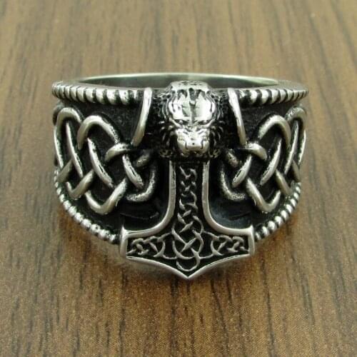 Wholesale Price Gothic Mens Silver Color 316L Stainless Steel Viking Warrior Thor Hammer Finger Ring New Gift Fashion Jewelry
