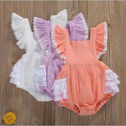 2021 Summer Baby Girl Solid Color Flying Sleeve Square Collar Lace Bodysuits Bow Hairband Sweet Baby Bodysuits Sunsuits Outfit
