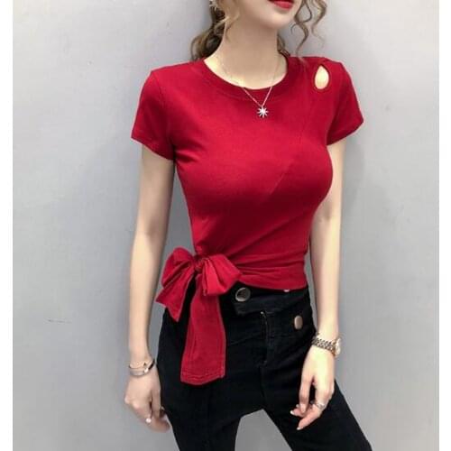 Short-sleeved t-shirt womens 2021 summer new fashion slim and thin solid color simple lace-up bottoming top