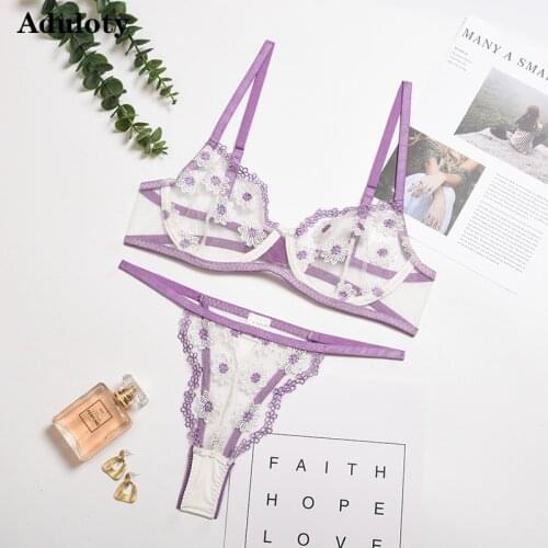 Hot New Womens Sexy Lingerie Yellow Pattern Back Buckle Adjustable Erotic Underwear Transparent Temptation Bra Thong Suit