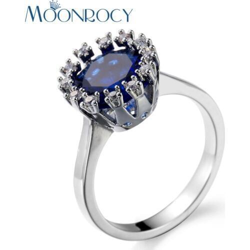 MOONROCY Drop Shipping Jewelry Wholesale Silver Color Cubic Zirconia Party Blue Crystal Promise Ring for Women Girls Gift
