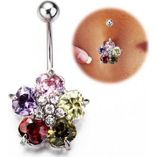 MODRSA 1pc Crystal Flower Belly Button Rings Stainless Steel Navel Belly Piercing Ring Body Jewelry Piercing Ombligo