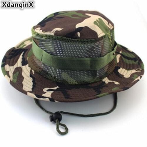 XdanqinX Summer Mens Jungle Camouflage Bucket Hats Fashion Casual Flat Top Male Rope Fixing Mesh Breathable Panama Brands Hat
