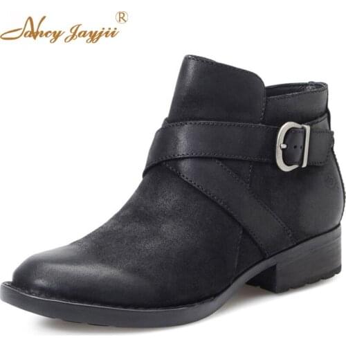 Womens Low Shoes Fashion Leather Boots Winter Zipper Designer Ankle Boots Black Low Flat Heel Brand Famous Plus Size Shoes 4-16