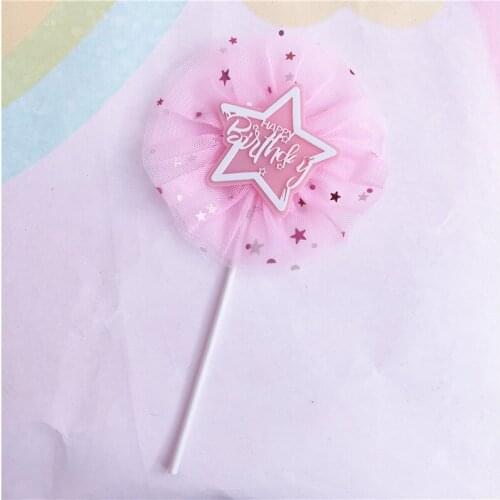 New Star Happy Birthday Acrylic Cake Topper Fairy Mesh Cupcake Topper For Baby Shower Kids Girls Birthday Party Cake Decorations