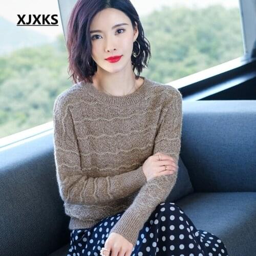 XJXKS New 2020 Spring Bright Silk Women Sweater Stripped Knitted Jumper Drop-Shoulder Pullover Women Sweaters And Pullovers