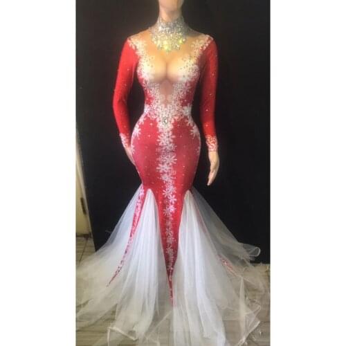 New Style Rhinestones Red Long Tail Dress Birthday Celebrate Long Sleeve Dress Evening Bar Women Singer Dancer Dress