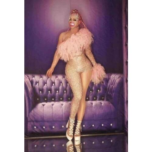 New Shinning Gold Rhinestone Sexy One Shoulder Bodycon Jumpsuit Ruffles Hot Bar Dancer Stage Wear Performance Custome Bodysuit