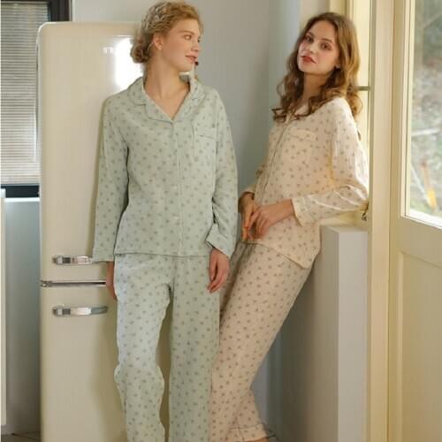 Casual Dandelion Print Pure Cotton Womens Long Sleeve Pajama Sets Long Pants Loose Nightwear Suits Home Wear