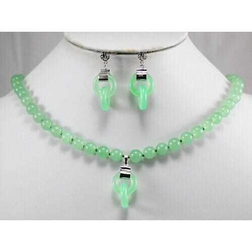 Fancy design! 7-8mm green jade necklace +jades pendant & earring