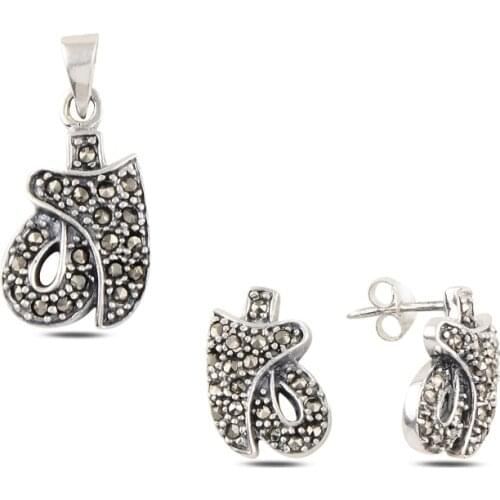Silver 925 Sterling Marcasite Cubic Zirconia Pendant & Earrings Set