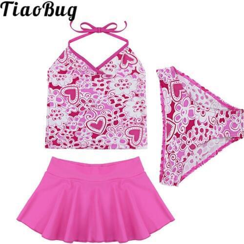 TiaoBug Kids Teens Hot Pink Halter Swim Tops with Briefs Skirt Bikini Set Girls Beachwear Tankini Swimwear Swimsuit Bathing Suit