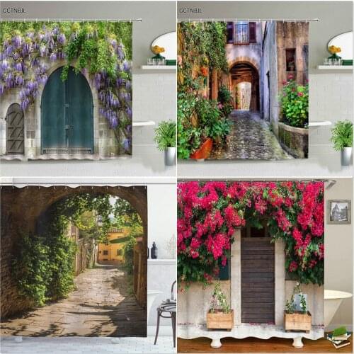 Street Building Scenery Shower Curtain Flower Plant Retro Old Door Summer Rural Landscape Bathroom Curtain Background Wall Decor
