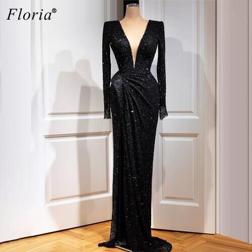 Simple Black Evening Dresses Mermaid Long Sleeves Formal Evening Gowns Muslim Sexy Celebrity Dresses Evening Wear Robe De Soiree