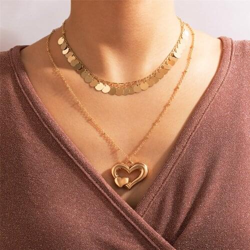 Vintage Multilevel New Gold Geometric Disc Heart Pendant Necklace For Women Fashion Boho Choker Chain Jewelry Gift Wholesale
