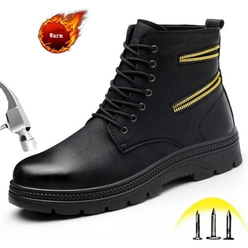High-top Safety Boots Men Winter Warm Lining with Fleece Wear-resistant Leather Composite steel toe Protection Safety Work Shoes