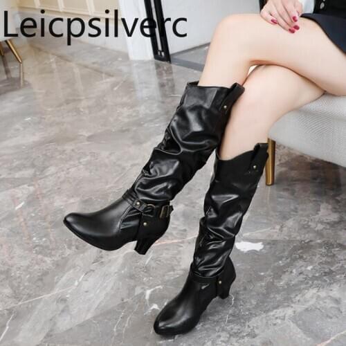 Womens Boots The New Autumn And Winter Round head Metal Decoration mid heel High tube Womens shoes plus size 33-43 5cm high