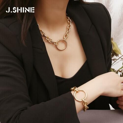 JShine Punk Miami Cuban Choker Necklace Vintage Big Circle Thick Chain Necklace Bracelet Set Women Hip Pop Metal Jewelry Set